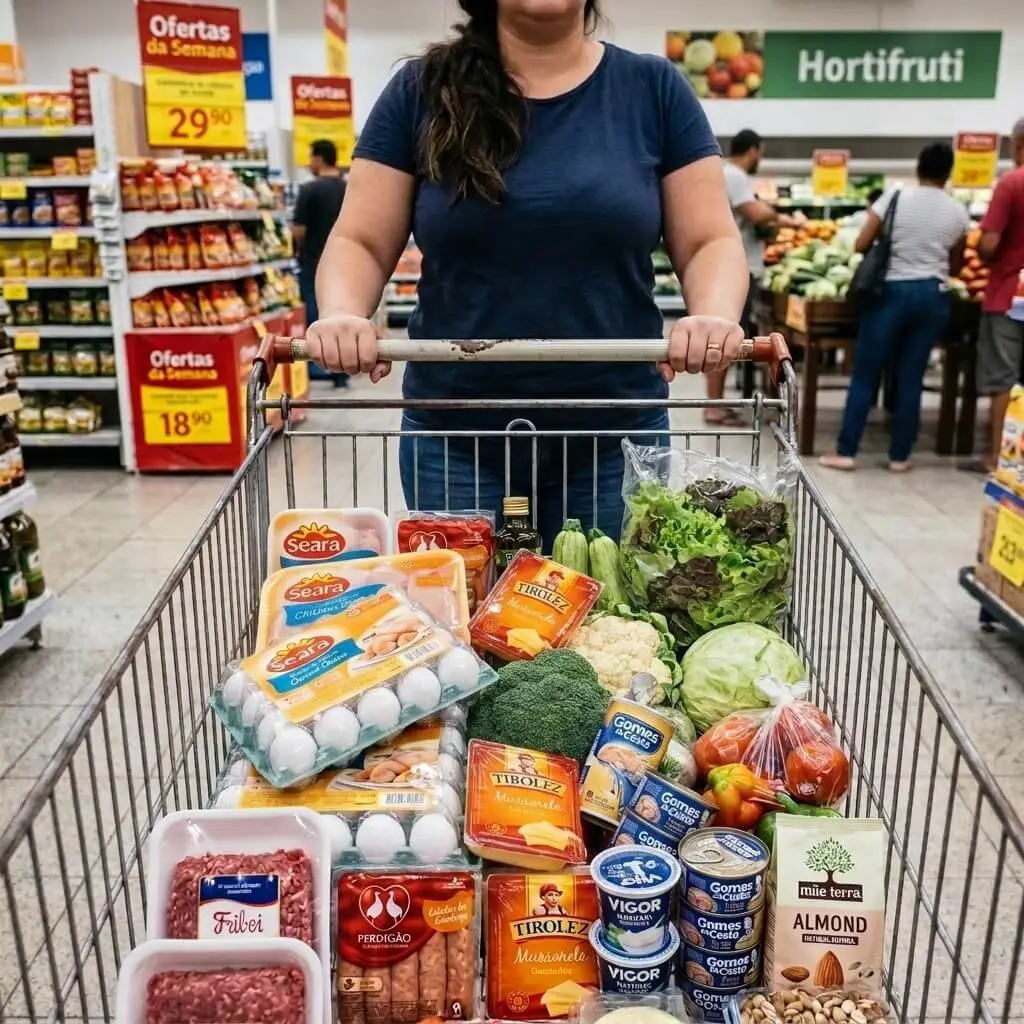 Itens comuns de mercado organizados para uma rotina low carb