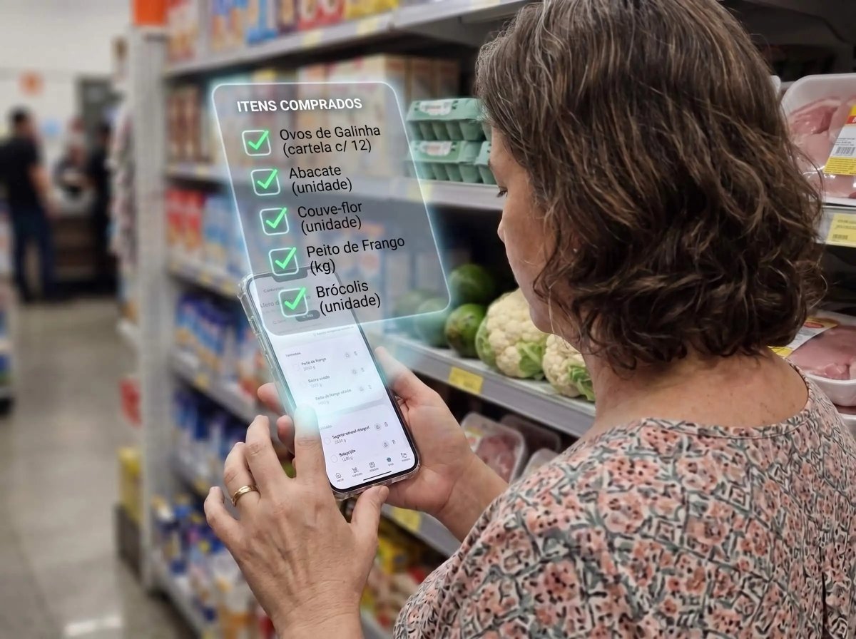 Mulher no supermercado usando o app LowCarbando para conferir a lista de compras