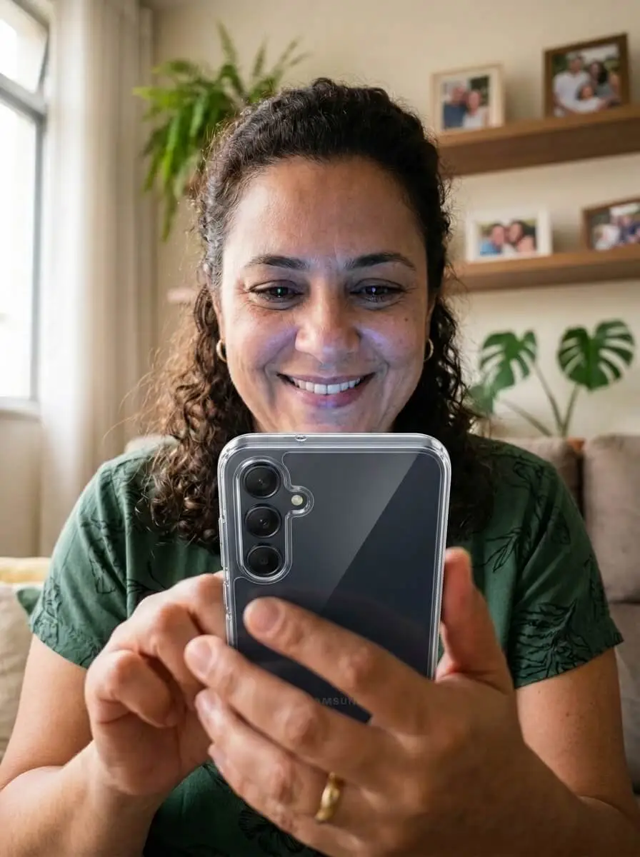 Mulher sorrindo enquanto usa o app LowCarbando no celular