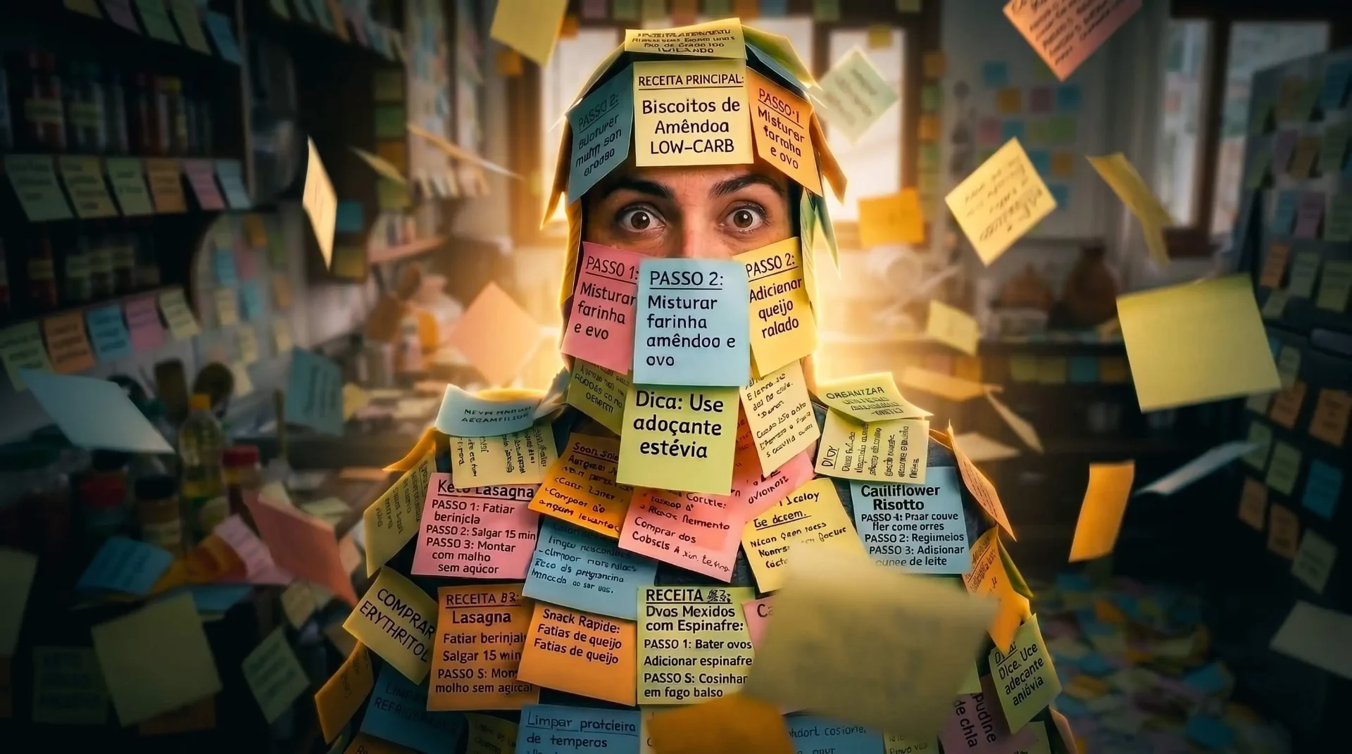 Pessoa soterrada por post-its de receitas low carb — retrato da confusão da informação solta