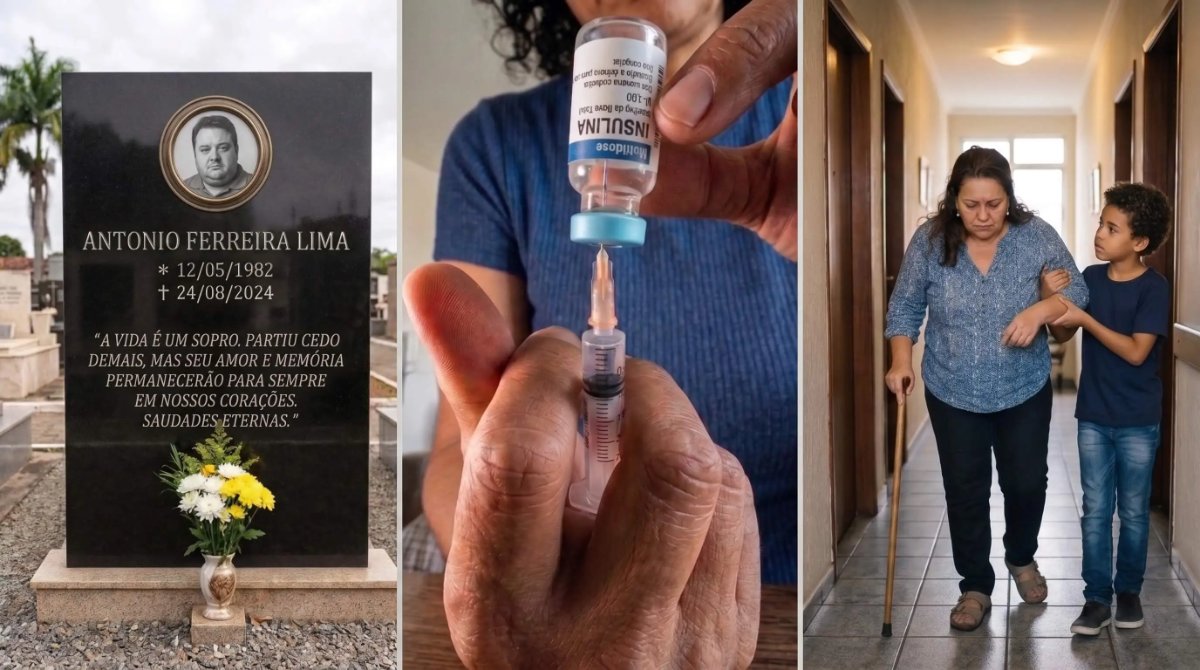Colagem mostrando os motivos para cuidar da saúde: luto, controle de glicose/insulina e mobilidade reduzida