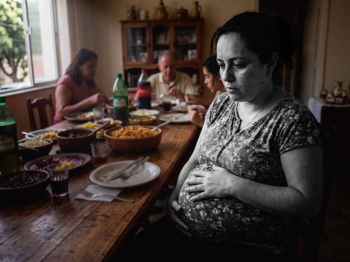 Família reunida à mesa, com uma mulher expressando cansaço e frustração — símbolo do ciclo da culpa e do deslize na dieta